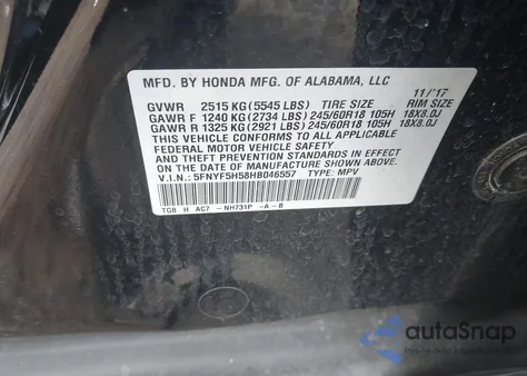 2017 Honda Pilot Ex-L z USA, uszkodzony, nr VIN 5FNYF5H58HB046557